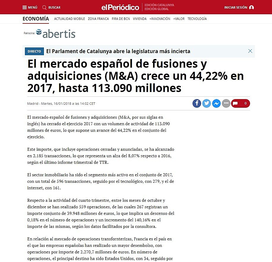 El mercado espaol de fusiones y adquisiciones (M&A) crece un 44,22% en 2017, hasta 113.090 millones